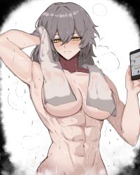 1girl abs absurdres arnkun biceps breasts cellphone convenient_censoring covered_erect_nipples dripping grey_hair groin highres honkai:_star_rail honkai_(series) large_breasts long_hair looking_at_viewer muscular muscular_female navel nude phone smartphone steam stelle_(honkai:_star_rail) towel towel_around_neck towel_over_breasts trailblazer_(honkai:_star_rail) wet yellow_eyes