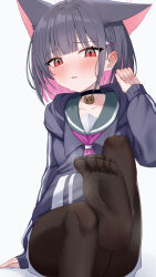 Rule 34 | 1girl, absurdres, animal ears, arm at side, black choker, black hair, black hoodie, black pantyhose, blue archive, blunt bangs, blunt ends, blush, bob cut, cat choker, cat ears, cat girl, choker, clenched hand, collarbone, colored inner animal ears, colored inner hair, commentary, ear blush, embarrassed, extra ears, eyelashes, feet, foot out of frame, foot up, furrowed brow, green sailor collar, hair behind ear, hair ornament, hairclip, halo, hand up, highres, hood, hood down, hoodie, kazusa (blue archive), looking at viewer, medium hair, multicolored hair, neckerchief, no shoes, open mouth, pantyhose, pink hair, pink halo, pink neckerchief, presenting foot, red eyes, sailor collar, school uniform, serafuku, simple background, sitting, sleeves past wrists, soles, solo, sweat, symbol-only commentary, toes, tsurime, wendao, white background