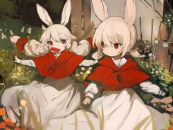 2girls bow braid bread_slice capelet child dress female_focus food grass hair_bow highres jam low_twintails mouth_hold multiple_girls nature original outdoors outstretched_arms rabbit_ears red_bow red_capelet red_eyes shirokujira short_twintails spread_arms toast twin_braids twintails white_dress