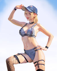 1girl absurdres belt belt_collar blonde_hair blue_headwear collar denim fishnets hand_on_own_hip hat highres jeans multiple_belts original pants red_lips shiny_skin smile wonbin_lee