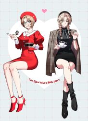 2girls absurdres akai_shuuichi beret black_boots black_dress boots braid brown_hair cake closed_mouth coat coat_on_shoulders crossed_legs dress food full_body gin_(meitantei_conan) hat high_heels highres invisible_chair jacket jodie_starling kuga_huna long_hair long_sleeves looking_at_object meitantei_conan multiple_girls open_mouth plate red_dress red_hat red_jacket red_shoes shoes short_hair sitting smile twin_braids vermouth_(meitantei_conan)