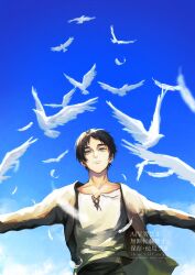 Rule 34 | 1boy, aqua eyes, bird, black hair, blue sky, brown jacket, closed mouth, collarbone, english text, eren yeager, feathers, highres, jacket, male focus, outstretched arms, ro gyoku, shingeki no kyojin, shirt, short hair, sky, smile, solo, upper body, watermark, white bird, white feathers, white shirt