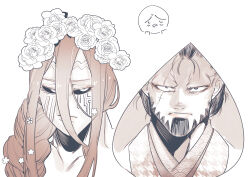 2boys absurdres alternate_costume alternate_hairstyle beard black_sclera braid cheek_tattoo chibi chibi_inset closed_mouth colored_sclera expressionless facial_hair facial_tattoo flower flower_wreath forehead_tattoo frown goatee greyscale hair_between_eyes hair_flower hair_ornament half-closed_eyes head_wreath highres japanese_clothes jitome kimono long_hair lu_bu_(shuumatsu_no_valkyrie) male_focus monochrome multiple_boys nanako_nuchitsu no_eyebrows scar scar_across_eye scar_on_face shirtless_male shuumatsu_no_valkyrie tattoo thor_(shuumatsu_no_valkyrie) upper_body very_long_hair