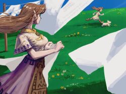 2girls artist_name breasts brown_hair clothesline cremia day dress grass gus_uur highres holding_cloth long_hair looking_at_another medium_breasts multiple_girls neckerchief nintendo outdoors pointy_ears purple_skirt romani_(zelda) running shirt siblings sisters skirt solo_focus the_legend_of_zelda the_legend_of_zelda:_majora&#039;s_mask twitter_username white_dog white_dress white_shirt yellow_neckerchief