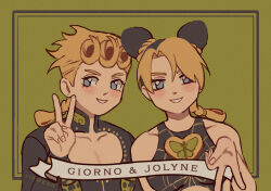 Rule 34 | 118ween, 1boy, 1girl, black hair, blonde hair, blue eyes, blush, braid, braided ponytail, bug, butterfly ornament, character name, cleavage cutout, clothing cutout, commentary, double bun, english commentary, english text, family, giorno giovanna, green background, hair bun, high collar, jewelry, jojo no kimyou na bouken, kuujou jolyne, looking at viewer, multicolored hair, single braid, smile, spider web print, stone ocean, sword print, two-tone hair, upper body, v, vento aureo
