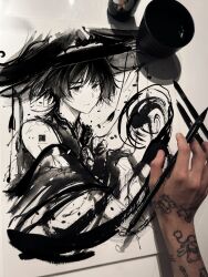 Rule 34 | 1boy, alticute, art tools in frame, artist&#039;s hand in frame, artist name, blunt ends, calligraphy brush, calligraphy brush (medium), genshin impact, greyscale, hat, highres, japanese clothes, jingasa, kimono, looking at viewer, male focus, monochrome, paintbrush, parted lips, photo (medium), rope, scaramouche (genshin impact), shimenawa, short hair, single off shoulder, sketch, solo, tearing up, tears, three-quarter sleeves, traditional media