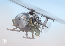 2girls 3boys :3 aircraft animal_ears assault_rifle black_hair commentary gloves gradient_background gun helicopter helmet highres jpc military military_uniform multicolored_hair multiple_boys multiple_girls original pilot_helmet pointing rifle simple_background sitting two-tone_hair weapon white_hair