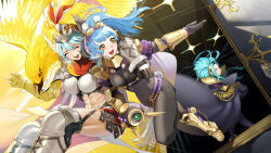 1boy 2girls :d abs aiguillette arm_on_another&#039;s_shoulder armor armored_boots bikini bikini_armor bird black_bodysuit black_cape black_gloves blue_hair bodysuit boots braid breasts cape closed_eyes closed_mouth commentary_request crown_braid dagr_(fire_emblem) dagr_(sunny_bloom)_(fire_emblem) drone fire_emblem fire_emblem_heroes full_body gauntlets gloves goggles goggles_on_head grey_hair helmet highres ikura_(downdexp) large_breasts leg_warmers long_hair looking_at_another medium_breasts mole mole_under_eye multiple_girls muscular muscular_female navel nidavellir_(fire_emblem) nintendo official_alternate_costume open_mouth pelvic_curtain ponytail red_cape reginn_(dvergr_heir)_(fire_emblem) reginn_(fire_emblem) shin_guards short_hair shoulder_armor signature smile swimsuit teeth upper_teeth_only vambraces white_bikini yellow_eyes