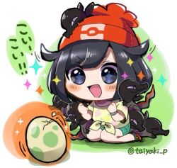 1girl black_eyes black_footwear black_hair blush bracelet chibi clenched_hands cracked_egg diamond_in_eye doradorakingyo egg gen_7_pokemon green_shorts jewelry kneeling nintendo open_mouth pokemon pokemon_egg pokemon_sm red_headwear salandit selene_(pokemon) shirt short_sleeves shorts solo sparkle tied_shirt translation_request twitter_username yellow_shirt