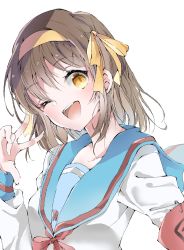1girl ;d airi_(curereika) armband blue_sailor_collar brown_eyes brown_hair collarbone hair_ribbon hairband head_tilt highres kita_high_school_uniform long_sleeves looking_at_viewer one_eye_closed open_mouth paperclip red_ribbon ribbon sailor_collar school_uniform serafuku short_hair simple_background smile solo suzumiya_haruhi suzumiya_haruhi_no_yuuutsu teeth upper_body upper_teeth_only v white_background yellow_hairband yellow_ribbon