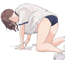 1girl :o all_fours bare_legs blue_buruma blush breasts brown_hair buruma closed_eyes commentary_request exhausted gym_shirt gym_uniform hand_on_ground hanging_breasts highres large_breasts open_mouth original osakana_(kitasisn) revision shirt shoes short_sleeves simple_background sneakers solo sportswear sugimori_futaba_(osakana) sweat t-shirt twintails wet wet_clothes wet_shirt white_background white_shirt white_shoes