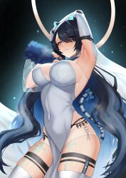 1girl absurdres animal_ears armpits blue_bow blue_hair bow breasts closed_mouth colored_inner_hair covered_navel drunktatsu erina_makina fur-trimmed_sleeves fur_trim grey_eyes hair_over_one_eye halo highres long_hair mechanical_arms multicolored_hair pelvic_curtain phase_connect see-through_clothes see-through_sleeves single_mechanical_arm single_sleeve solo tail tail_bow tail_ornament thighhighs tiger_ears tiger_girl tiger_tail virtual_youtuber white_thighhighs