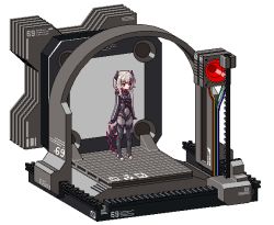 1girl fukouna_shoujo_03 full_body grey_thighhighs hair_ornament hairclip indie_virtual_youtuber long_hair machine mechanical_tail pixel_art red_eyes saruei saruei_(vtuber) silver_hair simple_background solo standing tail thighhighs traced virtual_youtuber white_background