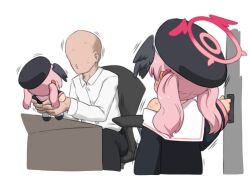 1boy 1girl basukechi black_hat black_shirt black_wings blue_archive blush character_doll doll faceless faceless_male halo hat head_wings holding holding_doll koharu_(blue_archive) long_hair long_sleeves on_chair pink_hair puckered_lips red_halo shirt sitting twintails white_shirt wings