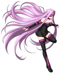 1girl absurdly_long_hair absurdres bare_shoulders black_boots black_dress black_sleeves blindfold boots breaker_gorgon breasts cleavage clenched_hand closed_mouth collar detached_sleeves dress facial_mark fate/unlimited_codes fate_(series) floating_hair full_body highres higurashi_ryuuji large_breasts leg_up long_hair medusa_(fate) medusa_(rider)_(fate) official_art outstretched_arms protected_link psd_available colored_blindfold purple_collar purple_hair second-party_source short_dress simple_background solo strapless strapless_dress thigh_boots transparent_background very_long_hair