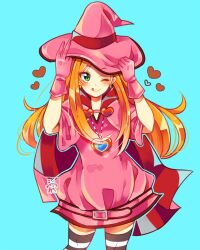 1girl belt blue_background blush cape chocolat_meilleure coll_(erichankun) commentary_request cowboy_shot dress gloves green_eyes hand_on_headwear hat heart heart_pendant long_hair looking_to_the_side magical_girl one_eye_closed orange_hair pink_belt pink_dress pink_gloves pink_hat simple_background solo striped_clothes striped_thighhighs sugar_sugar_rune thighhighs