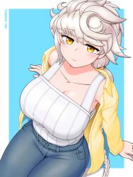 Rule 34 | 1girl, alternate costume, asymmetrical hair, blue pants, braid, braided ponytail, breasts, cleavage, cypress (hinokidou), denim, from above, highres, huge breasts, jacket, jeans, kantai collection, long hair, long sleeves, looking at viewer, open clothes, open jacket, pants, shirt, single braid, sitting, sleeveless, sleeveless shirt, smile, solo, unryuu (kancolle), very long hair, wavy hair, white hair, white shirt, yellow eyes, yellow jacket