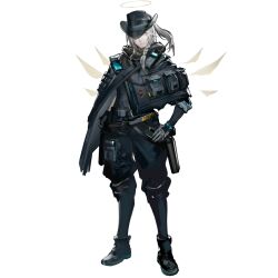 Rule 34 | arknights, braid, cenm0, cowboy hat, detached wings, energy wings, full body, gloves, gun, halo, hat, high ponytail, holding, holding gun, holding weapon, layered sleeves, official art, old, old woman, outcast (arknights), ponytail, weapon, wings