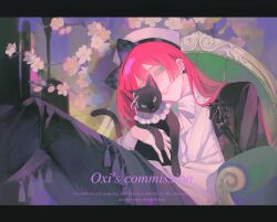 1girl black_cat black_jacket black_pants cat chair cherry_blossoms couch formal_clothes highres jacket on_chair on_couch original oxi206 pants pink_hair shirt smile suit white_shirt