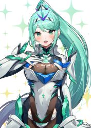 1girl absurdres armor armored_bodysuit blush breasts chest_jewel cleavage core_crystal_(xenoblade) earrings gem gloves green322 green_eyes green_hair hair_ornament headpiece highres jewelry large_breasts long_hair looking_at_viewer neon_trim pneuma_(xenoblade) ponytail smile solo swept_bangs tiara very_long_hair white_background xenoblade_chronicles_(series) xenoblade_chronicles_2