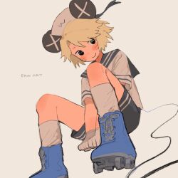 1boy between_legs black_eyes blonde_hair commentary_request facial_mark hand_between_legs hat highres kinder_surprised_michael_jr. looking_at_viewer male_focus mouse_boy mouse_hat mouse_tail randal&#039;s_friends roller_skates sailor sailor_hat shieriru short_hair shorts simple_background sitting skates solo tail whisker_markings