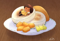 1boy afro arepa brown_eyes brown_hair camilo_madrigal chibi colombian_clothes curly_hair dark-skinned_male dark_skin encanto food highres male_focus pleated_skirt poncho shirt short_hair simple_background skirt sleeping smile user_cwvk5558 white_shirt yellow_poncho