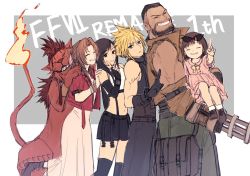 3boys 3girls aerith_gainsborough ah_yoshimizu anniversary arm_cannon barret_wallace beard black_gloves black_hair blonde_hair brown_hair cloud_strife cropped_jacket dark-skinned_male dark_skin dress eyewear_on_head facial_hair father_and_daughter final_fantasy final_fantasy_vii final_fantasy_vii_remake gloves hands_on_another&#039;s_shoulders highres index_finger_raised looking_at_viewer marlene_wallace midriff multiple_boys multiple_girls navel pink_dress red_hair red_xiii skirt sleeveless smile spiked_hair square_enix stomach sunglasses thighhighs tifa_lockhart weapon