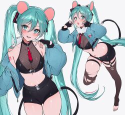 1girl :o animal_ears bare_shoulders black_gloves black_shorts black_thighhighs blush breasts collarbone commentary cosplay fingerless_gloves gloves green_eyes green_hair green_nails hatsune_miku highres jacket jane_doe_(zenless_zone_zero) jane_doe_(zenless_zone_zero)_(cosplay) long_hair long_sleeves looking_at_viewer medium_breasts midriff mouse_ears nail_polish navel necktie off_shoulder open_clothes open_jacket open_mouth qiandaiyiyu red_necktie short_shorts shorts simple_background smile thighhighs thighs torn_clothes torn_thighhighs twintails very_long_hair vocaloid white_background zenless_zone_zero