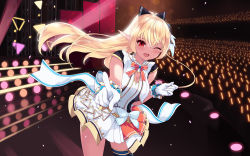 1girl ;d bad_id bad_pixiv_id blonde_hair breasts cait_aron cleavage cleavage_cutout clothing_cutout commentary cowboy_shot dark-skinned_female dark_skin gloves glowstick highres hololive hololive_idol_uniform_(origin) idol idol_clothes long_hair looking_at_viewer official_alternate_costume one_eye_closed open_mouth pointing pointing_at_viewer pointy_ears ponytail red_eyes shiranui_flare short_sleeves smile solo stage virtual_youtuber white_gloves