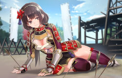 Rule 34 | armor, arrow (projectile), black hair, boots, breasts, brown eyes, cleavage, ii naotora, large breasts, long hair, lying, mole, mole on breast, nyoro (nyoronyoro000), on side, red thighhighs, sengoku musou, thighhighs, thighs, twintails