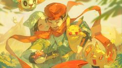 1boy 1girl :d akari_(pokemon) alternate_color black_shirt blurry blush closed_eyes commentary_request day eyelashes floating_scarf gen_1_pokemon gen_2_pokemon gen_4_pokemon gen_7_pokemon grey_eyes grin hat headscarf highres hisuian_poke_ball holding holding_poke_ball jacket looking_at_viewer nintendo one_eye_closed open_mouth orange_headwear orange_scarf outdoors pikachu poke_ball pokemon pokemon_(creature) pokemon_legends:_arceus rei_(pokemon) rowlet sash scarf searmy shinx shiny_pokemon shirt smile teeth togetic tree white_headscarf white_headwear
