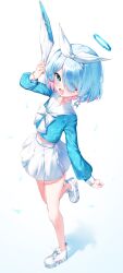 Rule 34 | 1girl, absurdres, arona (blue archive), blue archive, blue eyes, blue hair, blue halo, blue shirt, cobe, hair over one eye, hairband, halo, highres, medium hair, multicolored hair, one eye covered, pink hair, school uniform, serafuku, shirt, skirt, solo, thighs, two-tone hair, white hairband, white skirt