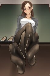 1girl absurdres brown_eyes brown_hair chalkboard classroom crossed_legs feet glasses highres light_blush long_hair miru_tights nikishiko okuzumi_yuiko pantyhose shoes smile soles teacher toes unworn_shoes