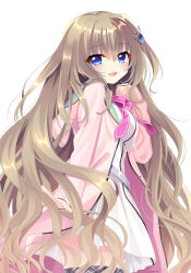 1girl 9-nine- :d absurdres belt blue_eyes blush bow bowtie breasts brown_hair cardigan clenched_hand commentary commission cowboy_shot dress eyes_visible_through_hair from_side gear_hair_ornament grey_belt grey_thighhighs hair_between_eyes hair_ornament hand_up happy highres kujou_miyako large_breasts long_hair looking_at_viewer open_cardigan open_clothes open_mouth otou_(otou_san) pink_bow pink_bowtie pink_cardigan school_uniform short_dress simple_background sleeves_past_wrists smile solo star_(symbol) thighhighs very_long_hair wavy_hair white_background white_dress wing_hair_ornament zettai_ryouiki
