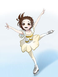 absurdres brown_hair collarbone figure_skating figure_skating_dress highres ice ice_skates leg_up light_blush medalist_(manga) open_mouth outstretched_arms raised_eyebrows short_hair skates spread_arms teeth tokinir1532 upper_teeth_only yellow_eyes yuitsuka_inori