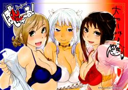 3girls absurdres black_hair blonde_hair blue_eyes bra france french_text green_eyes highres multiple_girls power_play_(comic) silver_hair underwear undressing yamatogawa