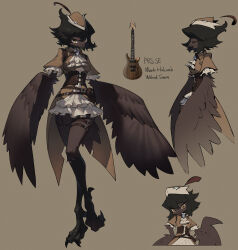 1girl absurdres ascot beak belt belt_pouch bird_girl bird_tail bird_wings black_hair brown_background brown_dress brown_eyes brown_headwear brown_theme closed_eyes collared_dress commentary corset cropped_torso digitigrade dress feathered_wings frilled_sleeves frills from_side full_body furry furry_female guitar hat hat_feather highres instrument layered_dress looking_at_viewer multiple_belts multiple_views original personification pouch reference_inset shiiorina short_hair short_sleeves simple_background smile standing standing_on_one_leg symbol-only_commentary tail talons thigh_belt thigh_strap tricorne white_ascot white_dress winged_arms wings
