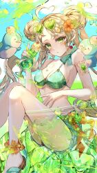 1girl anklet arm_tattoo bikini bird blonde_hair blush breasts cleavage closed_mouth collarbone cup double_bun earrings eyewear_on_head flower green_bikini green_eyes hair_bun hair_flower hair_ornament highres holding holding_cup innertube jewelry large_breasts legs long_hair melon_soda mira_hidume mole mole_on_breast mole_under_mouth original penguin sandals shorts solo stomach sunglasses swim_ring swimsuit tattoo thighs twintails