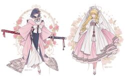 1girl ankle_socks black_hair black_skirt blonde_hair bow bracelet bridal_veil button_knot chinese_knot choppy_bangs crown dress empire_waist expressionless eyeshadow fashion flats flower flower_knot fold-over_collar full_body gown hair_flower hair_ornament hanbok hand_on_weapon holding holding_behind_back holding_sheath holding_sword holding_sword_behind_back holding_weapon holding_weapon_behind_back japanese_clothes jewelry katana kimono korean_clothes lemon89h long_hair long_skirt long_sleeves makeup mandarin_collar medium_hair okobo original pink_eyes pink_eyeshadow pink_flower pink_kimono pink_rose pink_sash pink_shoes platform_sandals purple_eyes red_flower red_ribbon red_rose ribbon rococo_movement rose sandals sash sheath shoes skirt socks solo sword tabi two-tone_dress veil wavy_hair weapon wedding_dress white_background white_bow white_dress white_flower white_socks white_veil wide_sleeves yaopei