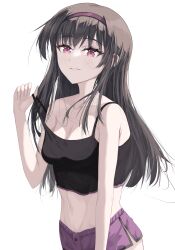 1girl absurdres akemi_homura black_camisole black_hair breasts camisole cleavage dolphin_shorts hairband highres long_hair looking_at_viewer mahou_shoujo_madoka_magica mahou_shoujo_madoka_magica_(anime) midriff navel parted_lips purple_eyes purple_hairband purple_shorts recall_20 short_shorts shorts simple_background small_breasts solo stomach strap_pull very_long_hair white_background
