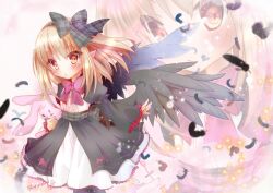 Rule 34 | 1girl, black dress, black feathers, black hairband, black ribbon, black wings, blonde hair, breasts, dark feather alma, dress, emil chronicle online, feathers, hair ribbon, hairband, highres, holding, holding stuffed toy, neck ribbon, pointy ears, red eyes, red ribbon, ribbon, small breasts, stuffed toy, two-tone dress, wings, yukiomi kizuki