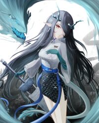 1girl absurdres arknights belt black_hair blue_belt colored_extremities colored_skin dragon_girl dragon_horns dragon_tail dusk_(ambience_synesthesia)_(arknights) dusk_(arknights) earrings eastern_dragon_tail gradient_skin green_hands green_horns green_skin hair_over_one_eye high_belt highres holding holding_sword holding_weapon horns jewelry long_belt mocharaffeart pointy_ears red_eyes sword tail tassel tassel_earrings uroko_(pattern) weapon