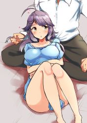 1boy 1girl ahoge alternate_costume blue_dress breasts casual collarbone dress hair_ribbon hayanami_(kancolle) head_out_of_frame highres kantai_collection komb long_hair medium_breasts ponytail purple_hair ribbon short_dress sidelocks sitting solo_focus white_ribbon yellow_eyes