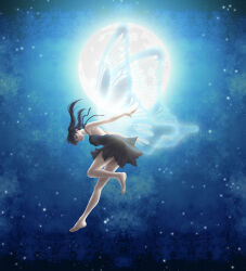 1girl armpits bare_arms bare_back bare_legs bare_shoulders barefoot black_dress black_hair black_nightgown blue_eyes butterfly_wings cygx d.gray-man dress facing_down feet floating floating_hair flying full_moon insect_wings legs lenalee_lee long_hair looking_at_viewer moon night night_sky nightgown outstretched_arms parted_lips profile short_dress sidelocks sky solo star_(sky) thighs twintails wings