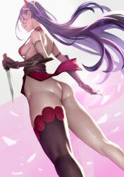 1girl arata_yui arm_guards ass bare_shoulders black_gloves breasts brown_thighhighs dress elbow_gloves eu03 fingerless_gloves fishnets gloves knife licking_lips long_hair looking_at_viewer mahou_shoujo_(raita) medium_breasts obi pelvic_curtain purple_eyes purple_hair red_dress sash short_dress sideboob single_thighhigh smile solo thighhighs thighs tongue tongue_out twintails