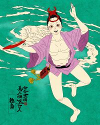 1girl absurdres annotated aqua_background artist_logo breasts brown_eyes hair_bun hand_fan highres japanese_clothes kimono logo looking_at_viewer navel open_clothes open_kimono open_mouth original paper_fan pink_kimono sei5osuzuki socks solo tabi teeth tokushima_prefecture upper_teeth_only white_socks