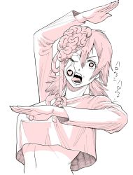 1girl absurdres arm_up baggy_clothes brain breasts chainsaw_man cosmo_(chainsaw_man) crop_top dangling_eye exposed_brain hair_between_eyes hair_ribbon heart heart-shaped_pupils highres looking_at_viewer masutatsu_novuo medium_breasts medium_hair midriff monochrome open_mouth pink_hair ribbon shirt short_twintails simple_background solo symbol-shaped_pupils tongue tongue_out twintails white_background white_shirt