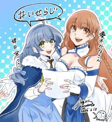 2girls :d a_rank_party_wo_ridatsu_shita_ore_wa_moto_oshiego-tachi_to_meikyuu_shinbu_wo_mezasu aogirimakoto blue_background blue_bow blue_hair blue_skirt bow braid breasts brown_eyes brown_hair brown_necktie character_request cleavage copyright_request dated fingerless_gloves gloves green_eyes hair_bow holding holding_paper long_hair long_sleeves looking_at_viewer multiple_girls necktie open_mouth paper pleated_skirt rain_(aparida) signature simple_background skirt smile translation_request white_gloves