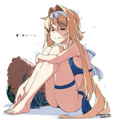 1girl alice_zuberg bikini blonde_hair blue_bikini blue_eyes bow braid braided_ponytail breasts closed_eyes closed_mouth cold feet food fruit hair_intakes hairband hat holding hugging_own_legs long_hair looking_at_viewer ribbon shikei sitting smile solo swimsuit sword_art_online umbrella unworn_hat unworn_headwear very_long_hair watermelon white_hairband