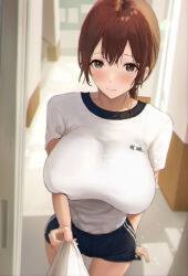 1girl absurdres aruhi_(pyxk7325) blue_buruma blurry blurry_background blurry_edges blush breasts brown_eyes brown_hair buruma closed_mouth clothes_grab commentary_request cowboy_shot deep_skin double-parted_bangs gym_shirt gym_uniform hallway highres huge_breasts impossible_clothes impossible_shirt indoors looking_at_viewer medium_hair original raised_inner_eyebrows shirt shirt_grab shirt_tucked_in short_sleeves solo standing translation_request white_shirt window_shadow